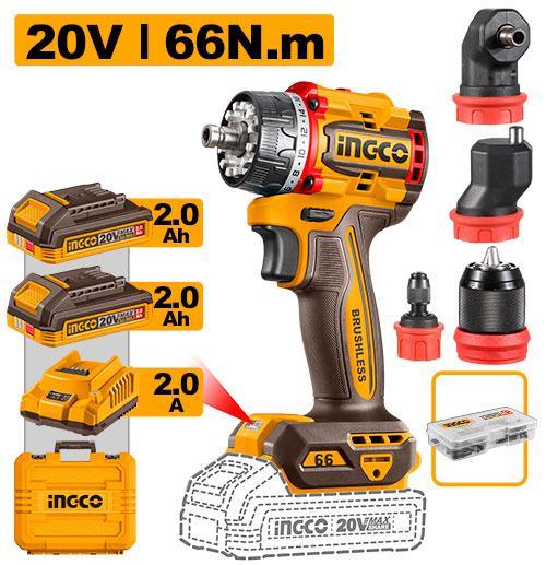 Аккумуляторный бесщёточный шуруповерт INGCO CDLI206686 INDUSTRIAL 20 В 66 Нм с набором сменных насадок